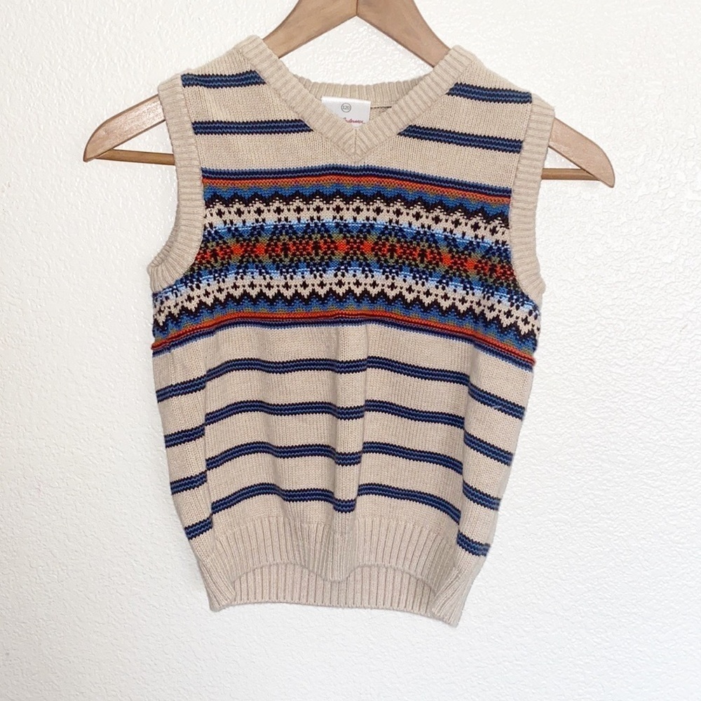 Hanna Andersson Boys Tan Striped Fair Isle Cotton Sweater Vest